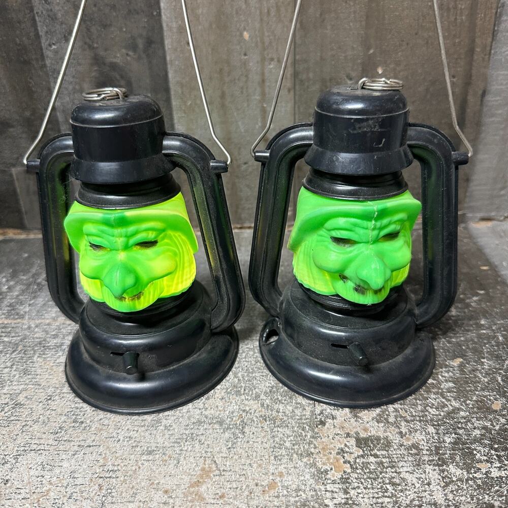 Vtg Halloween Green Witch Lantern Light Up Lot of 2 - Working, Missing Bat Cover